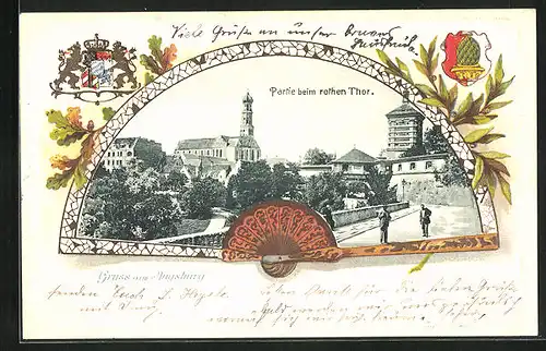 Passepartout-Lithographie Augsburg, Partie beim rothen Thor, Wappen