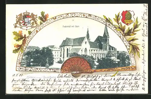 Passepartout-Lithographie Augsburg, Frohnhof mit Dom, Wappen