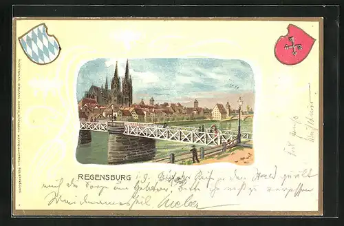 Passepartout-Lithographie Regensburg, Partie an der Brücke, Wappen
