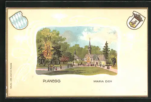 Passepartout-Lithographie Planegg, Maria Eich, Wappen