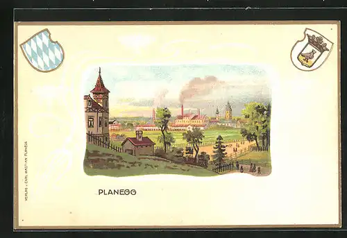 Passepartout-Lithographie Planegg, Strassenpartie mit Blick auf die Stadt