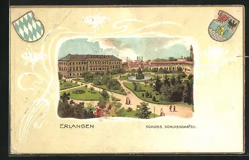 Passepartout-Lithographie Erlangen, Schloss mit Schlossgarten, Wappen