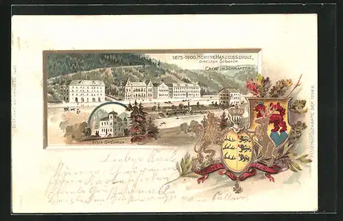 Passepartout-Lithographie Calw, Höhere Handelsschule, Director Spöhrer, Wappen