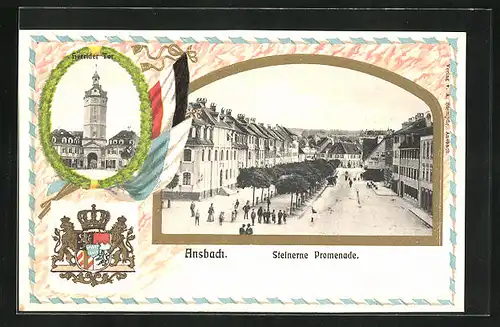 Passepartout-Lithographie Ansbach, Steinerne Promenade, Wappen, Herrider Tor