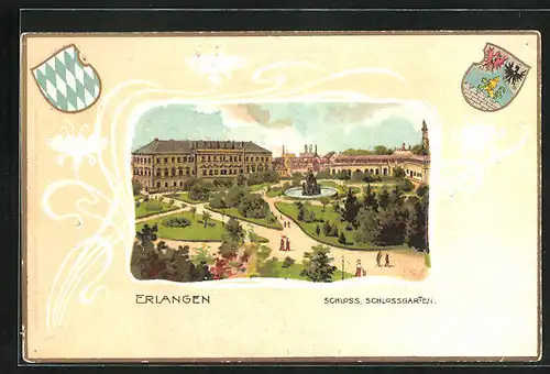 Passepartout-Lithographie Erlangen, Schloss mit Schlossgarten, Wappen