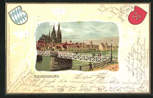 Passepartout-Lithographie Regensburg, Partie an der Brücke, Wappen