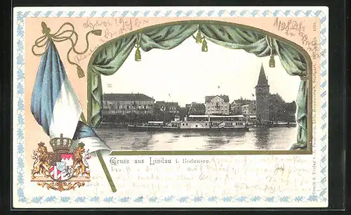 Passepartout-Lithographie Lindau i. Bodensee, Dampfer auf dem Fluss, Wappen