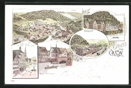 Lithographie Calw, Bahnhof, Handelsschule, Rathaus mit dem Marktplatz