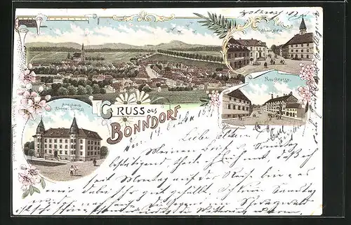 Lithographie Bonndorf, Neustrasse, Rathausplatz, Amtshaus
