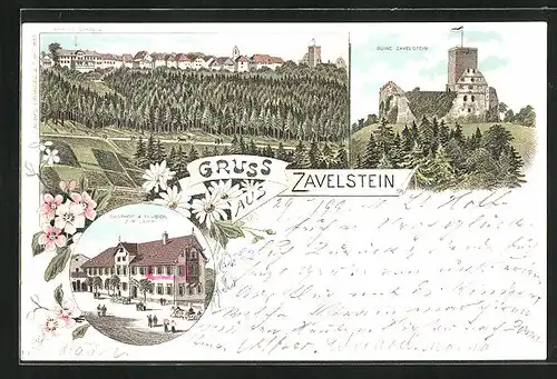 Lithographie Zavelstein, Ruine Zavelstein, Gasthof und Pension zum Lamm