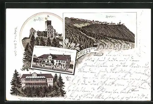 Vorläufer-Lithographie Zavelstein, 1894, Ruine, Gasthof und Pension zum Lamm, Veranda des Gasthofs