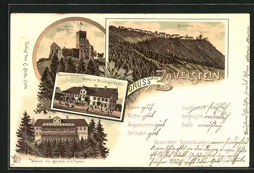 Lithographie Zavelstein, Ruine, Gasthof und Pension zum Lamm mkit Veranda