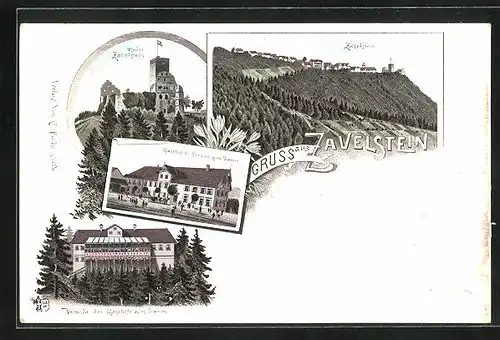Lithographie Zavelstein, Gasthof zum Lamm mit Veranda, Ruine, Totalansicht