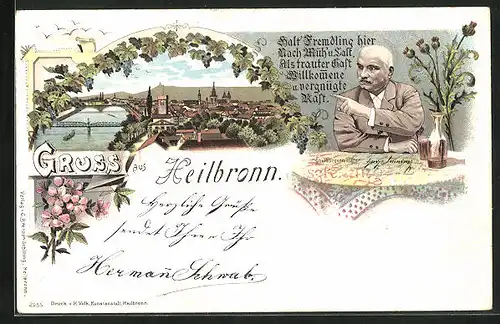 Lithographie Heilbronn, Teilansicht mit Brücke, Oberbürgermeister