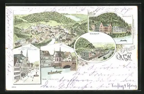 Lithographie Calw, Bahnhof, Handelsschule, Rathaus mit dem Marktplatz
