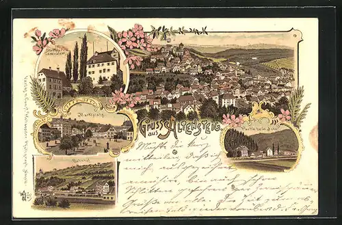 Lithographie Altensteig, Stadtpfarr u. Cameralamt, Marktplatz, Bahnhof