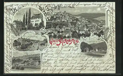 Mondschein-Lithographie Altensteig, Stadtpfarr u. Cameralamt, Marktplatz, Bahnhof