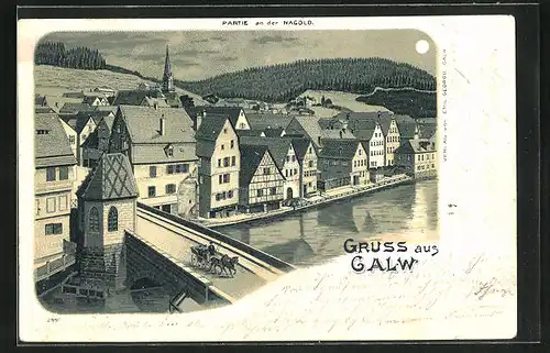 Lithographie Calw, Partie an der Nagold bei Mondschein