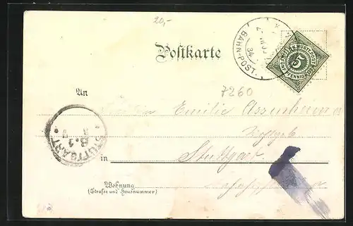 Lithographie Calw, Partie an der Nagold bei Mondschein