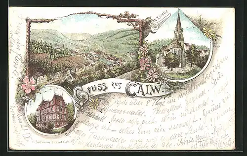 Vorläufer-Lithographie Calw, 1895, Teilansicht, Kirche, Georgenäum