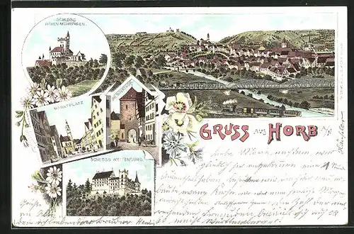 Lithographie Horb a. N., Schloss Hohen-Mühringen, Schloss Weitenburg, Ihlingertor