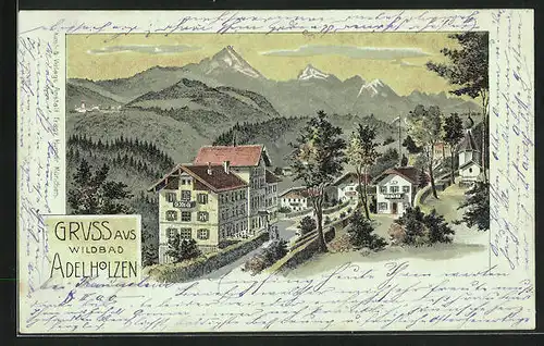 Lithographie Adelholzen, Strassenpartie mit Gebäudeansicht