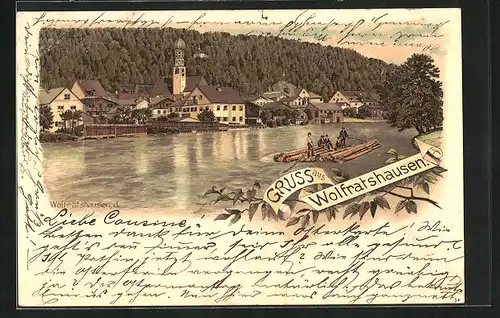 Lithographie Wolfratshausen, Uferpartie mit Floss