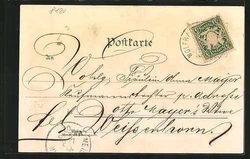 Lithographie Wolfratshausen, Uferpartie mit Floss