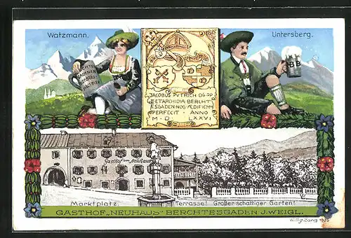 AK Berchtesgaden, Gasthof zum Neuhaus, Watzmann u. Frau mit Bierkrug, Untersberg u. Mann mit Bierkrug