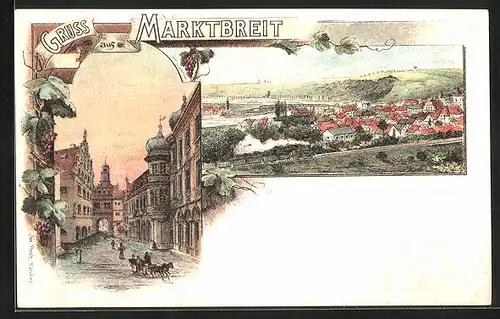 Lithographie Marktbreit, Teilansicht, Strassenpartie mit Tor und Pferdewagen