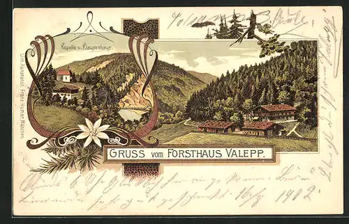 Lithographie Schliersee, Restaurant Forsthaus Valepp, Kapelle u. Klausenhaus