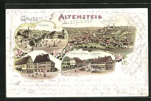 Lithographie Altensteig, Gasthof zur Traube, G. Werners Stiftung zum Bruderhaus