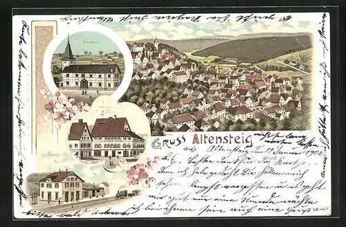 Lithographie Altensteig, Gasthaus zur Traube, Bahnhof, Turnhalle