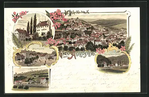 Lithographie Altensteig, Stadtpfarr- und Cameralamt, Bahnhof, Marktplatz