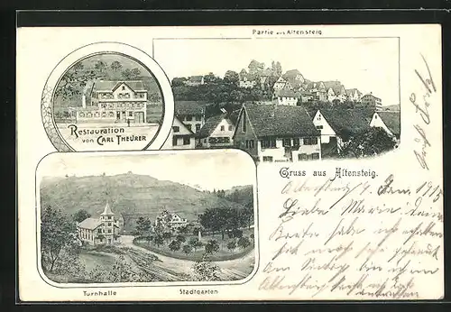 AK Altensteig, Restaurant von Carl Theurer, Turnhalle und Stadtgarten