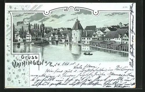 Mondschein-Lithographie Vaihingen a. E., Ortspartie am Wasser mit Turm