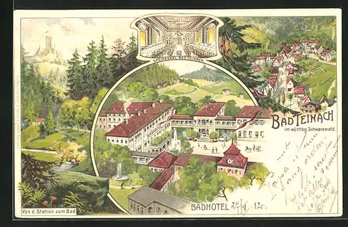 Lithographie Bad Teinach, Badhotel, Speisesaal, Ortsansicht