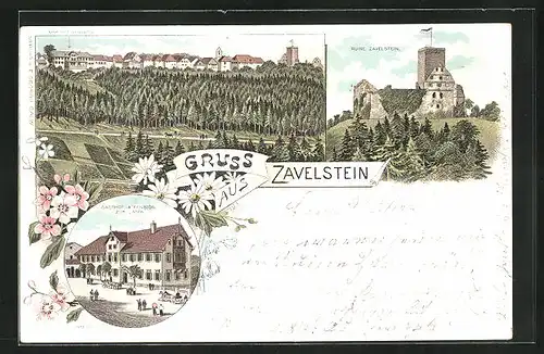 Lithographie Zavelstein, Gasthof & Pension zum Lamm, Ruine