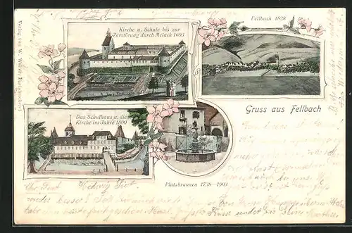 AK Fellbach, Schulhaus und Kirche, Platzbrunnen