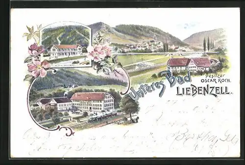 Lithographie Liebenzell, Hotel Unteres Bad von Oscar Koch