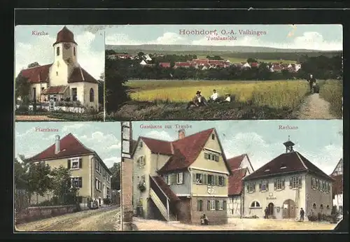 AK Hochdorf, Gasthaus zur Traube und Rathaus, Pfarrhaus, Kirche
