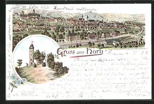 Lithographie Horb a. N., Turm und Kapelle auf der Schütte, Teilansicht mit Bahnhof