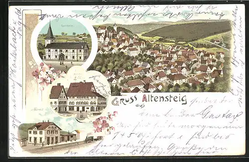 Lithographie Altensteig, Gasthof zur Traube, Bahnhof, Turnhalle