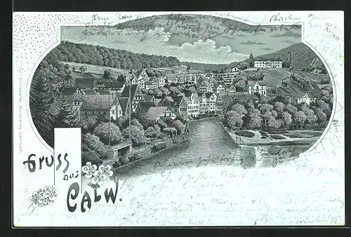 Mondschein-Lithographie Calw, Idyllische Ortsansicht