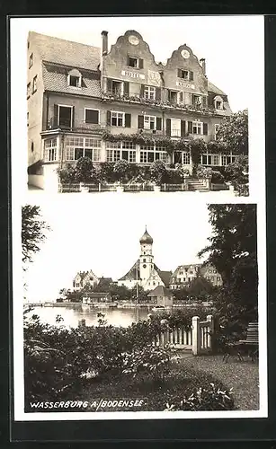 AK Wasserburg a. Bodensee, Hotel Krone, Teilansicht mit Kirche