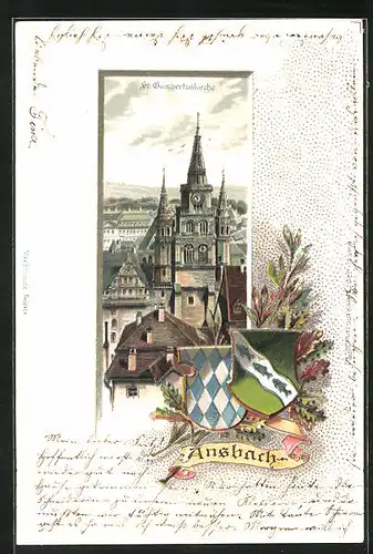 Passepartout-Lithographie Ansbach, St. Gumbertuskirche im Ortsbild