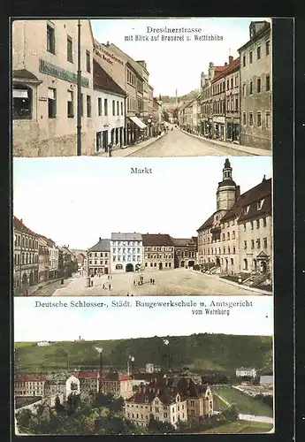 AK Rosswein, Dresdnerstrasse mit Blick auf Brauerei und Wettinhöhe, Markt, Baugewerkschule