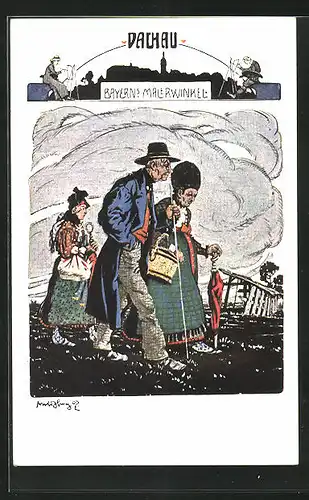 Künstler-AK Dachau, Bayerns Malerwinkel, Älteres Paar in Tracht