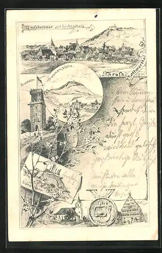 Lithographie Grossbottwar, Rathaus, Aussichtsturm, Kirche, Punnenstein