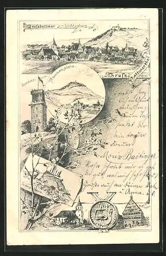 Lithographie Grossbottwar, Rathaus, Aussichtsturm, Kirche, Punnenstein, Langhans